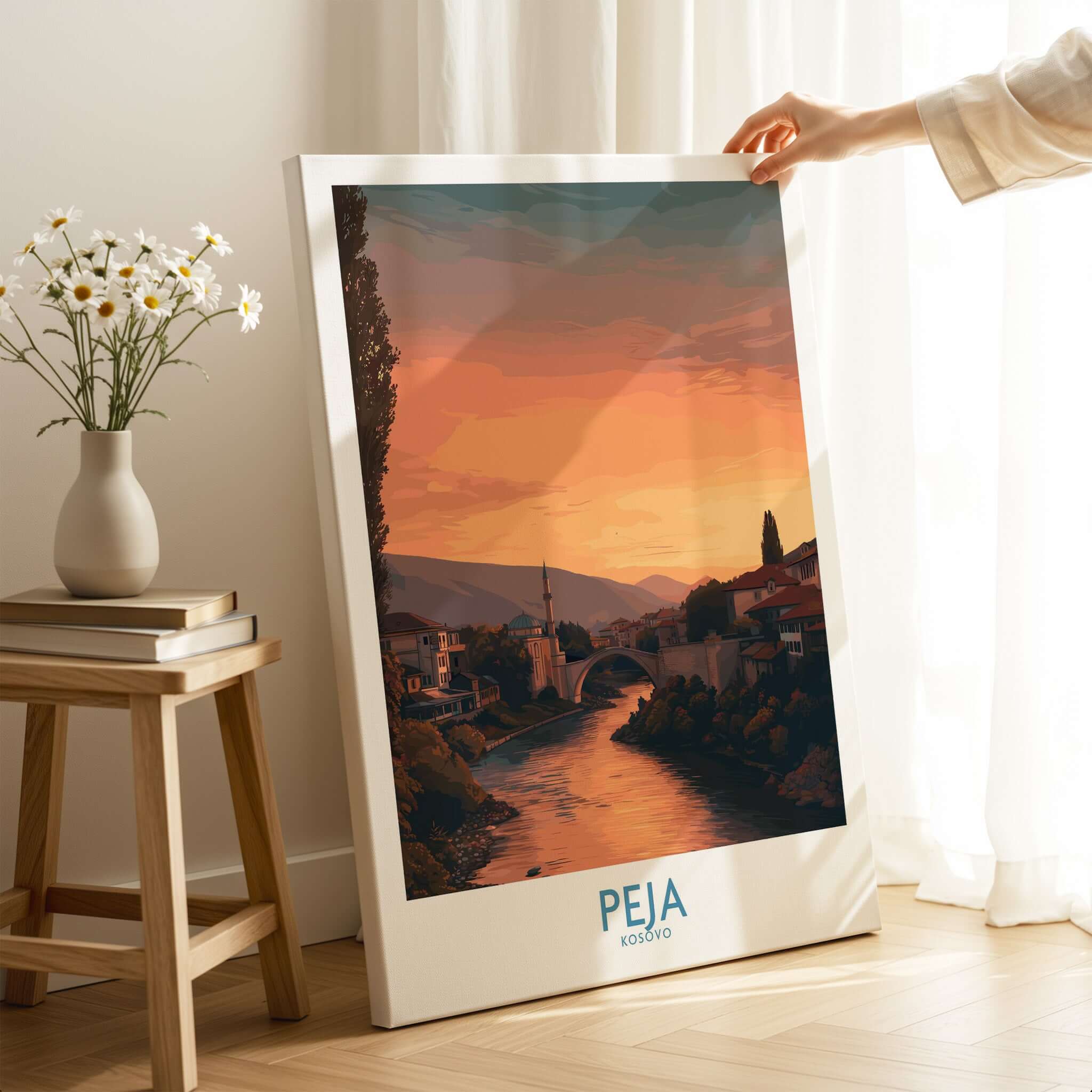 Peja Kosovo Sunset River Bridge Art Print | Mosque and Mountains Poster displayed in a home setting with warm sunset colors.