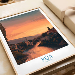 Peja Kosovo Sunset River Bridge Art Print | Mosque and Mountains Poster showcasing a serene sunset over a river bridge.
