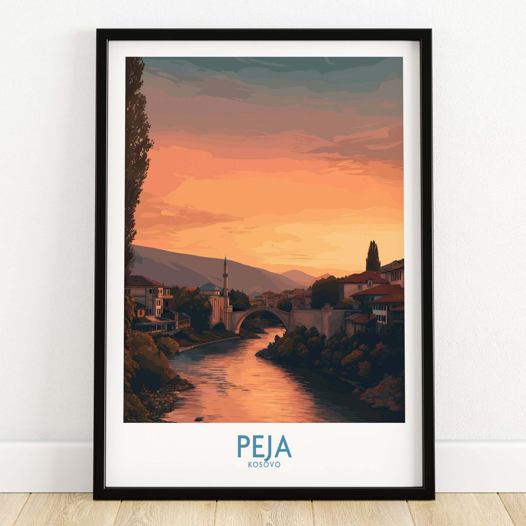 Peja Kosovo Sunset River Bridge Art Print | Mosque and Mountains Poster featuring a serene sunset over a river and bridge.