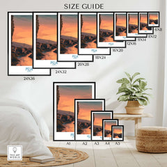 Peja Kosovo Sunset River Bridge Art Print | Mosque and Mountains Poster size guide showcasing frame options.