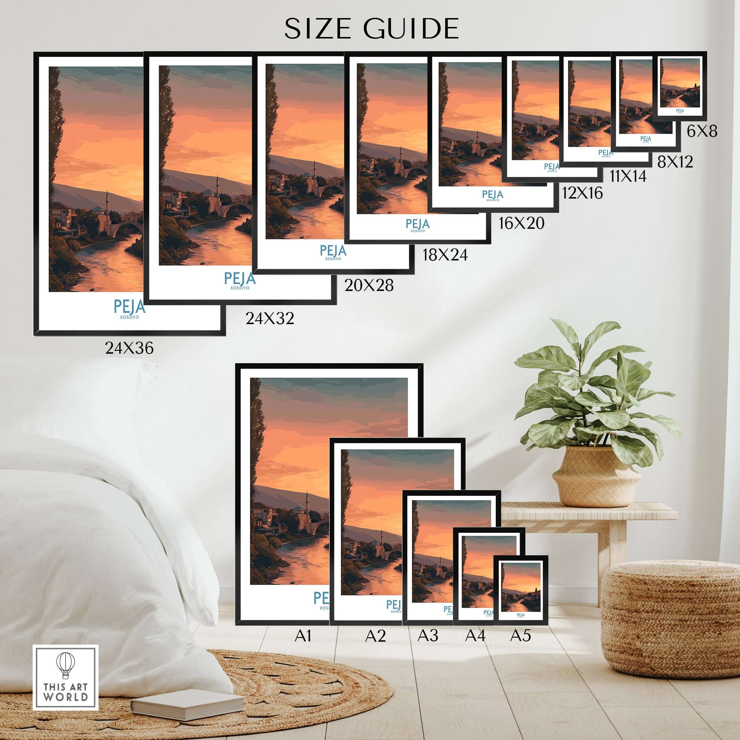 Peja Kosovo Sunset River Bridge Art Print | Mosque and Mountains Poster size guide showcasing frame options.
