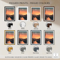 Framed Peja Lumëbardhi River Twilight Canvas Print options in various colors including Black, White, Natural, Brown, Gold, Silver, Dark Grey, Light Grey.