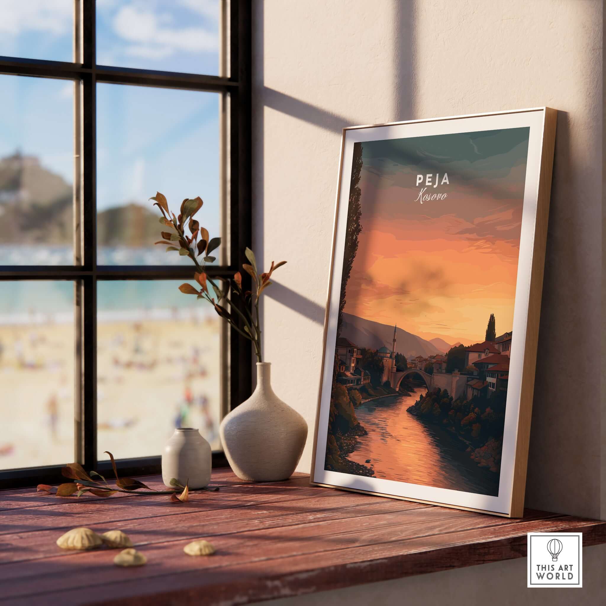 Peja Lumëbardhi River Twilight Canvas Print | Kosovo City Wall Decor displayed on a windowsill with a sunset view.