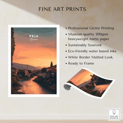 Peja Lumëbardhi River Twilight Canvas Print | Kosovo City Wall Decor showcasing fine art prints with vibrant sunset hues.