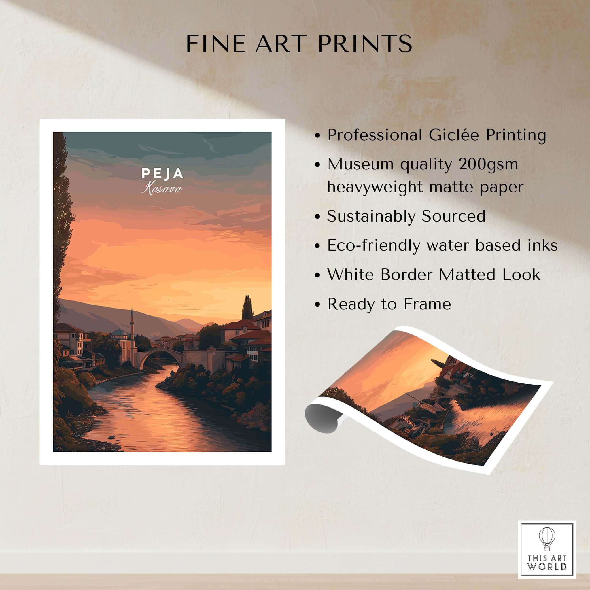 Peja Lumëbardhi River Twilight Canvas Print | Kosovo City Wall Decor showcasing fine art prints with vibrant sunset hues.