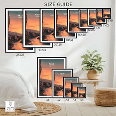 Peja Lumëbardhi River Twilight Canvas Print | Kosovo City Wall Decor size guide with dimensions displayed.