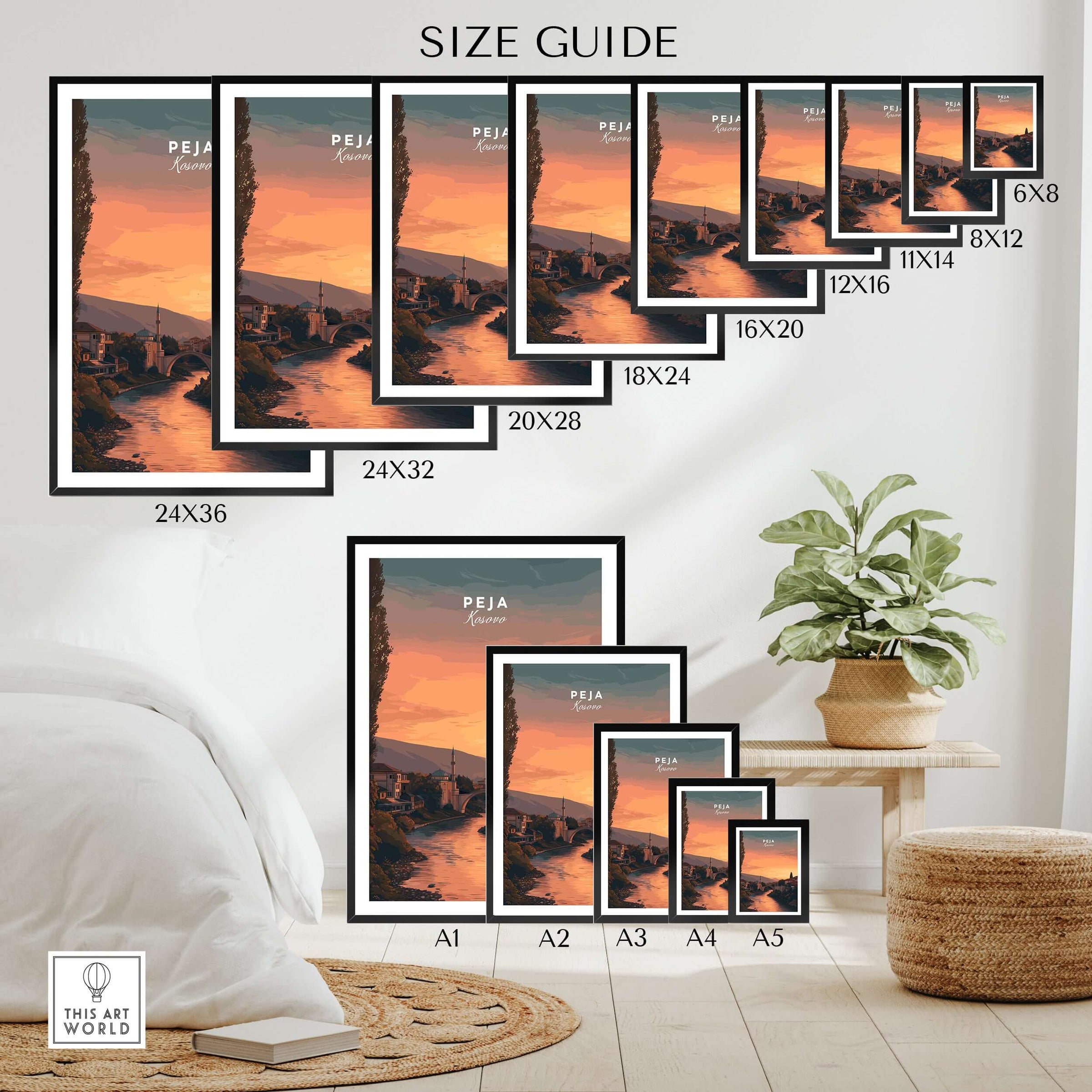 Peja Lumëbardhi River Twilight Canvas Print | Kosovo City Wall Decor size guide with dimensions displayed.