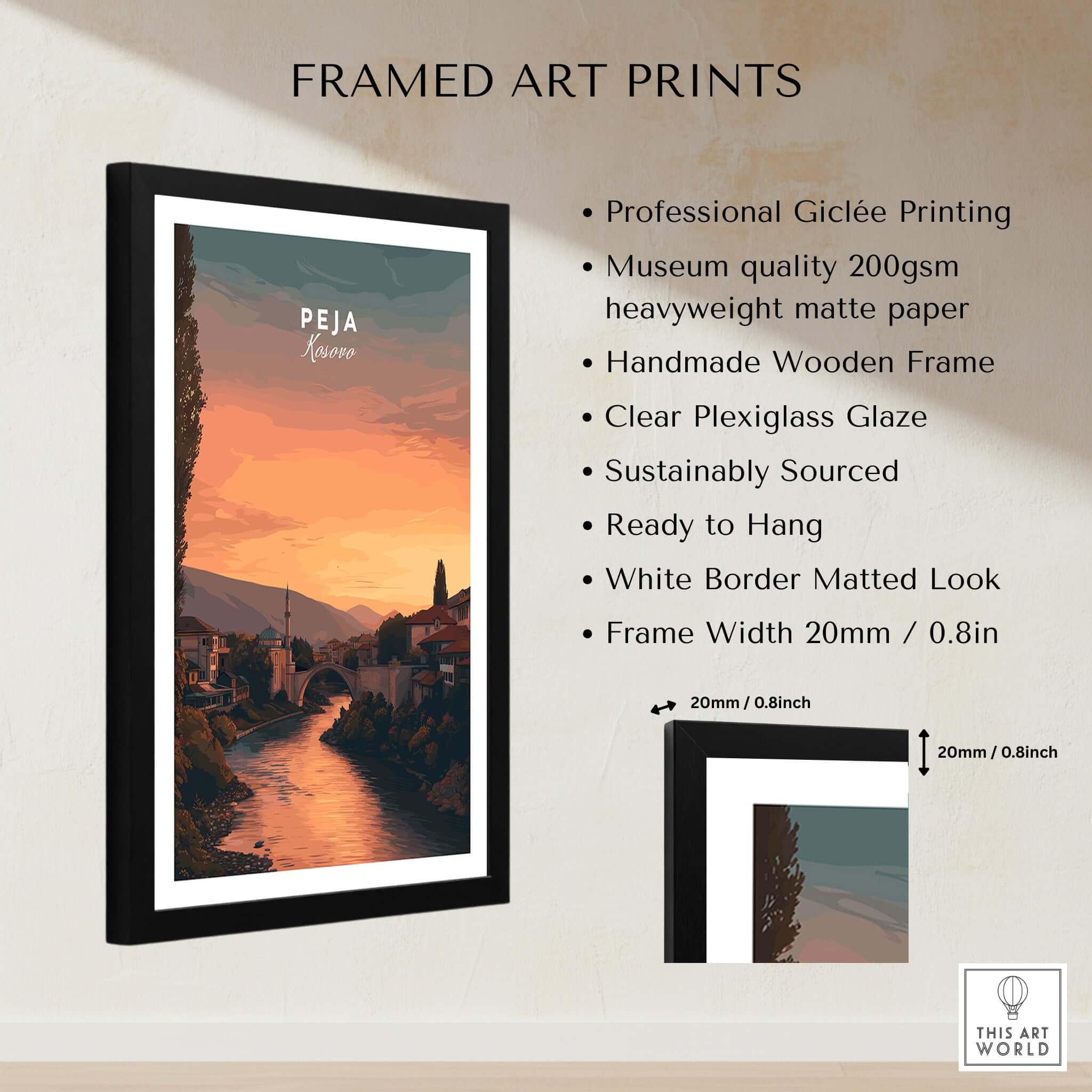 Peja Lumëbardhi River Twilight Canvas Print | Kosovo City Wall Decor framed giclée print with wooden frame and clear plexiglass.