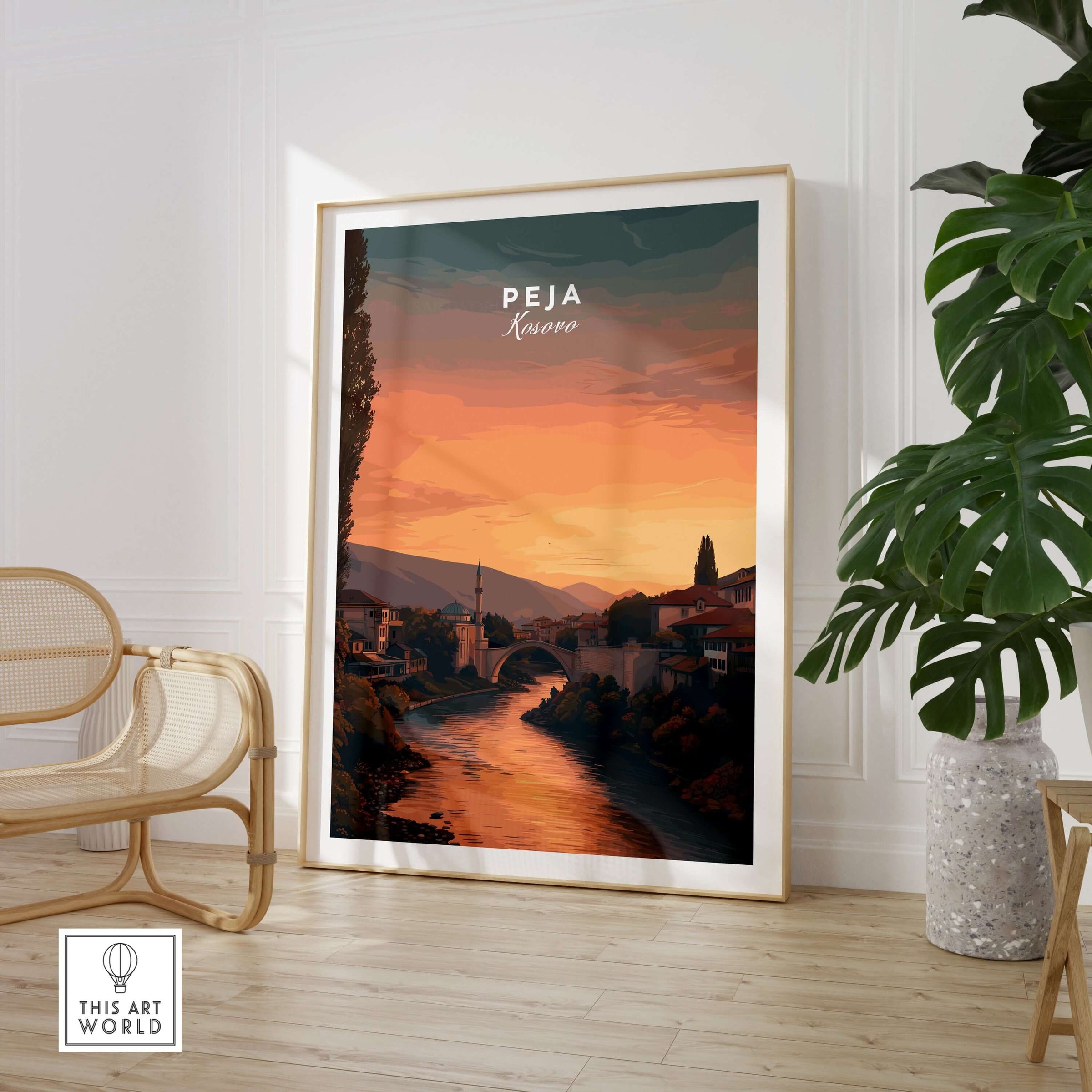 Peja Lumëbardhi River Twilight Canvas Print | Kosovo City Wall Decor displayed in a stylish interior.