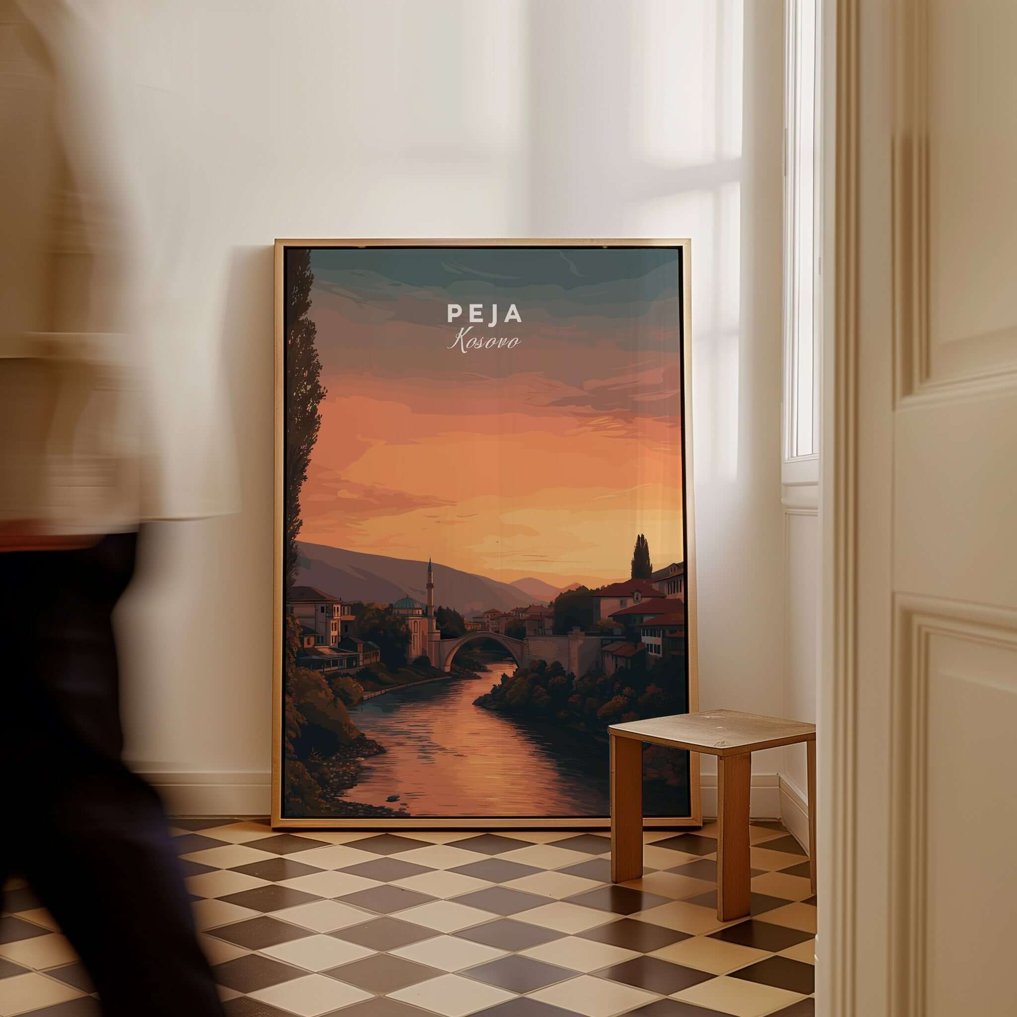 Peja Lumëbardhi River Twilight Canvas Print | Kosovo City Wall Decor displayed in a stylish interior setting.