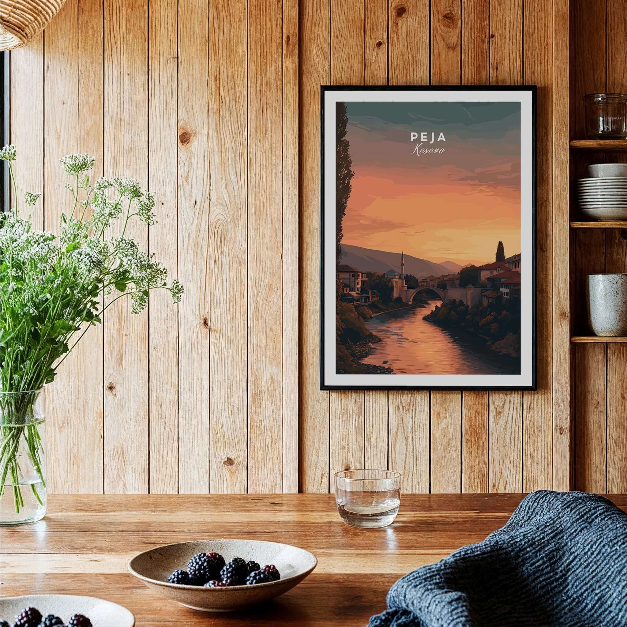 Peja Lumëbardhi River Twilight Canvas Print | Kosovo City Wall Decor displayed in a cozy interior setting.