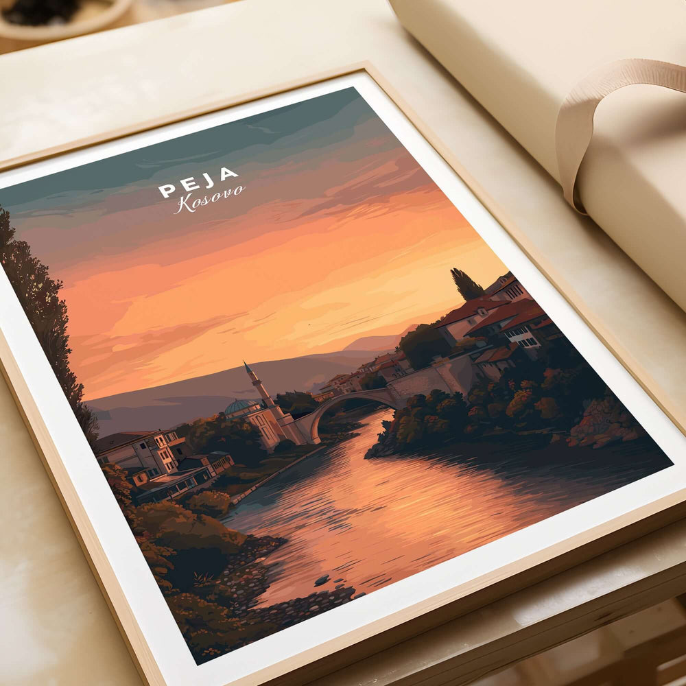 Peja Lumëbardhi River Twilight Canvas Print | Kosovo City Wall Decor depicting a serene sunset over Peja, Kosovo.