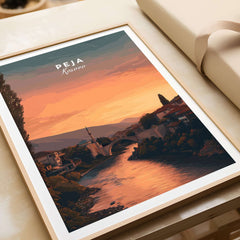 Peja Lumëbardhi River Twilight Canvas Print | Kosovo City Wall Decor showcasing a stunning sunset over the river.