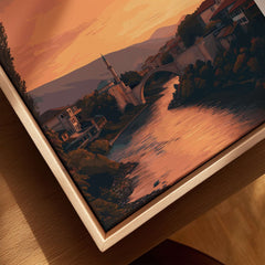 Peja Lumëbardhi River Twilight Canvas Print | Kosovo City Wall Decor featuring the tranquil river at sunset.