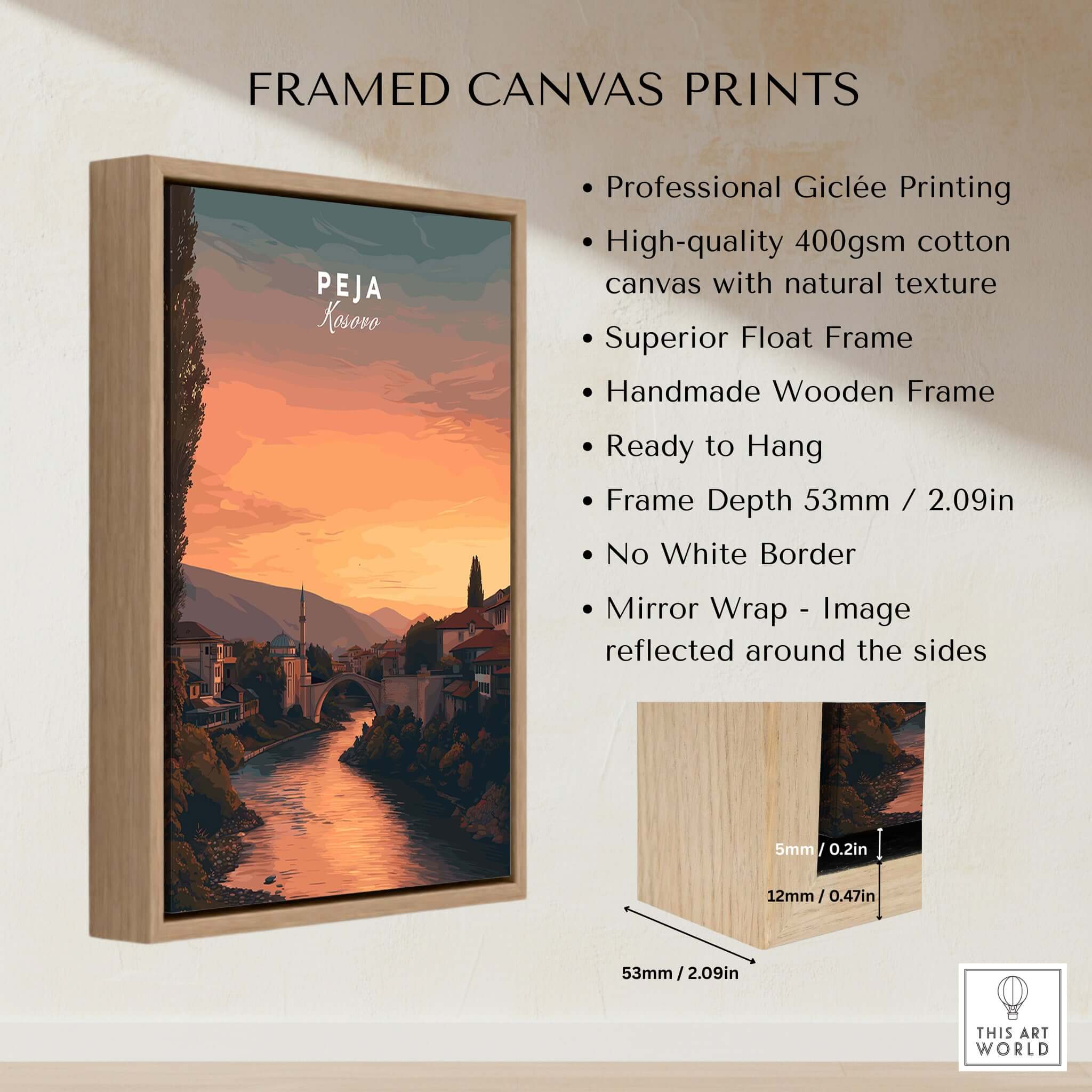 Peja Lumëbardhi River Twilight Canvas Print | Kosovo City Wall Decor with handmade wooden frame and professional Giclée printing.