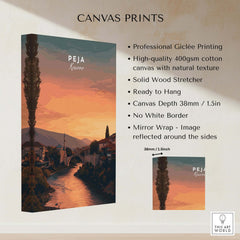 Peja Lumëbardhi River Twilight Canvas Print | Kosovo City Wall Decor showcasing high-quality giclée printing and natural texture.