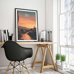 Peja Lumëbardhi River Twilight Canvas Print | Kosovo City Wall Decor showcased in a modern interior setting.