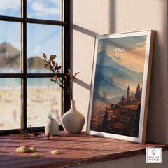 Peja Red Rooftops and Snow Mountain Canvas Print | Balkan Travel Decor displayed on a windowsill.