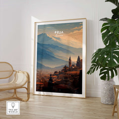 Peja Red Rooftops and Snow Mountain Canvas Print | Balkan Travel Decor in a stylish interior setting.