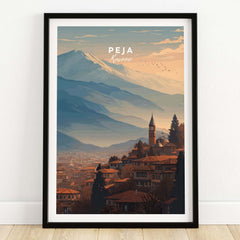Peja Red Rooftops and Snow Mountain Canvas Print | Balkan Travel Decor featuring mountain and rooftops.