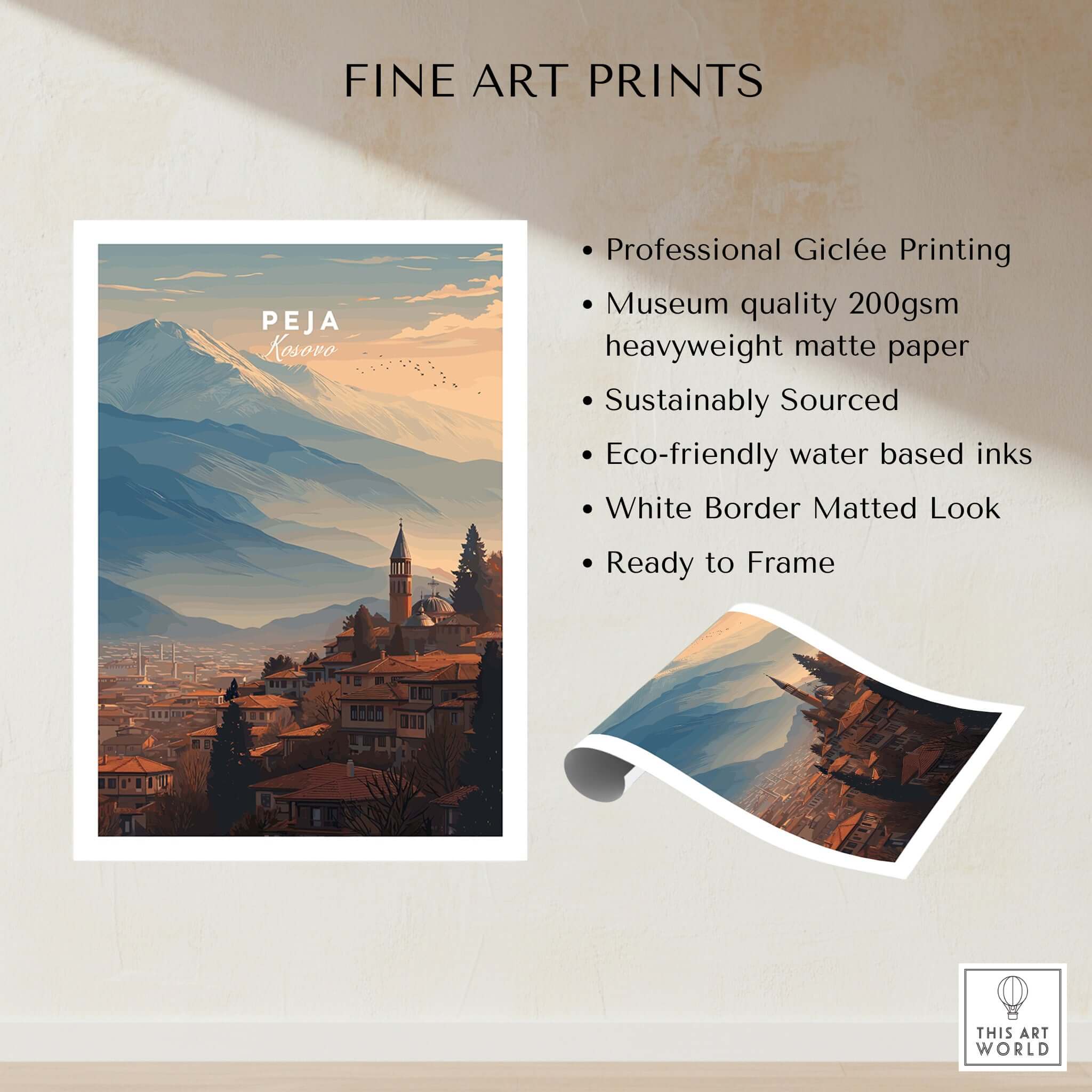 Peja Red Rooftops and Snow Mountain Canvas Print | Balkan Travel Decor showcasing fine art prints with details.