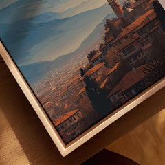 Peja Red Rooftops and Snow Mountain Canvas Print | Balkan Travel Decor showcasing red rooftops in a picturesque landscape.