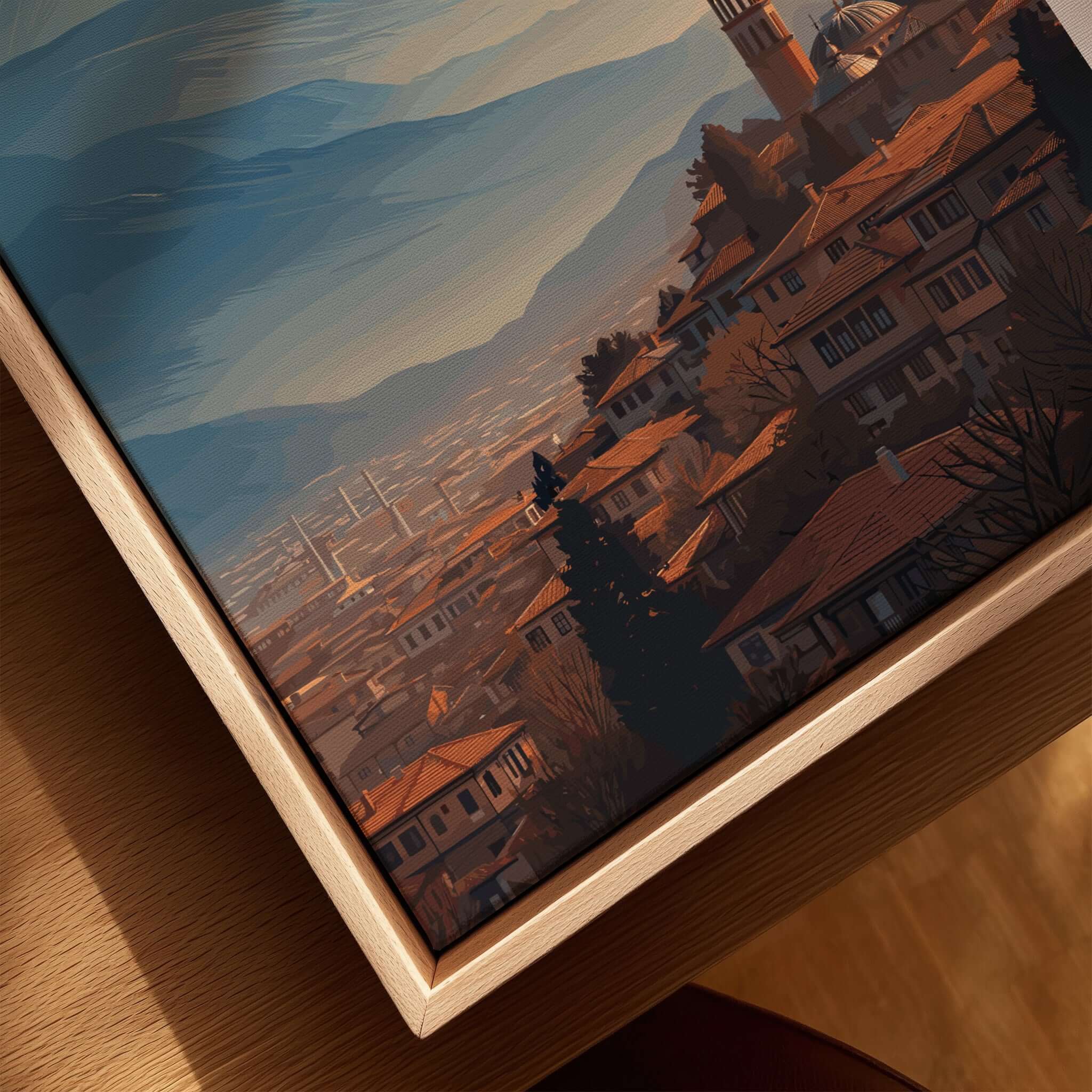 Peja Red Rooftops and Snow Mountain Canvas Print | Balkan Travel Decor showcasing red rooftops in a picturesque landscape.