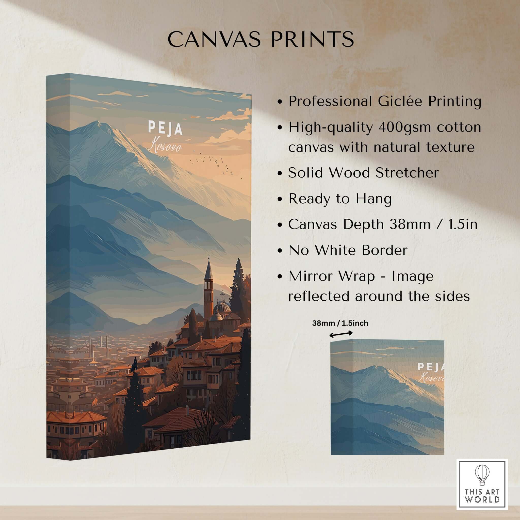 Peja Red Rooftops and Snow Mountain Canvas Print | Balkan Travel Decor with printing details.