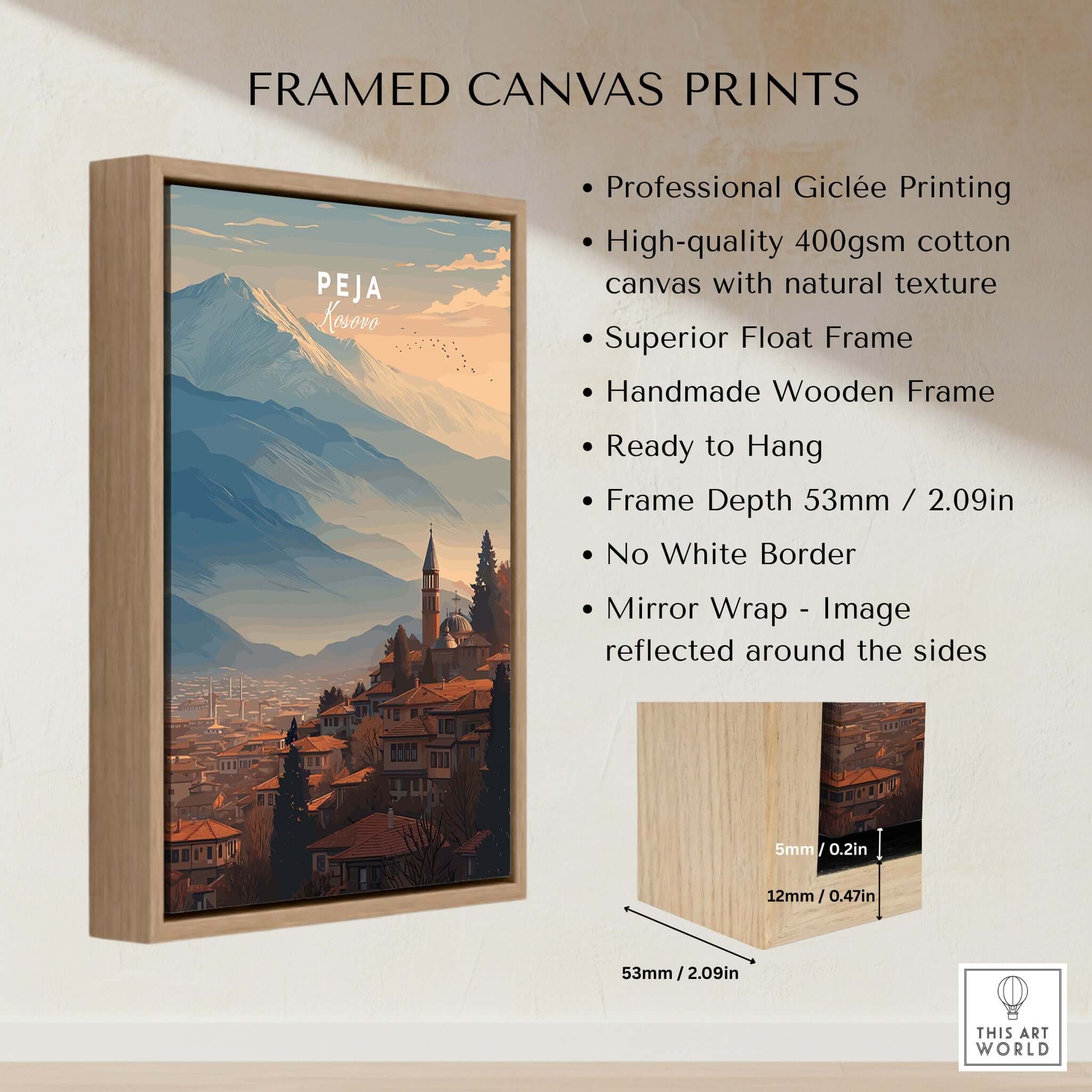 Peja Red Rooftops and Snow Mountain Canvas Print | Balkan Travel Decor framed display with professional quality features.