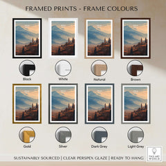 Framed prints in various colors for Peja Red Rooftops and Snow Mountain Canvas Print | Balkan Travel Decor.
