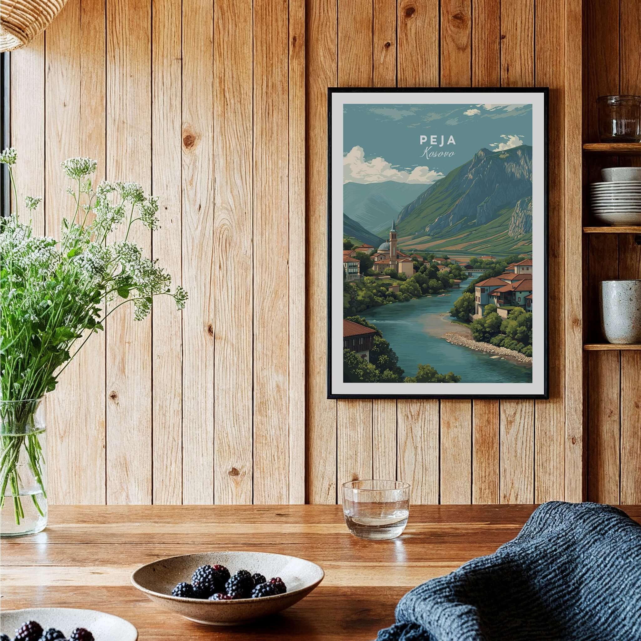 Peja Rugova Gorge Canvas Print | Balkan Landscape Decor in a rustic kitchen setting with wood accents and greenery.