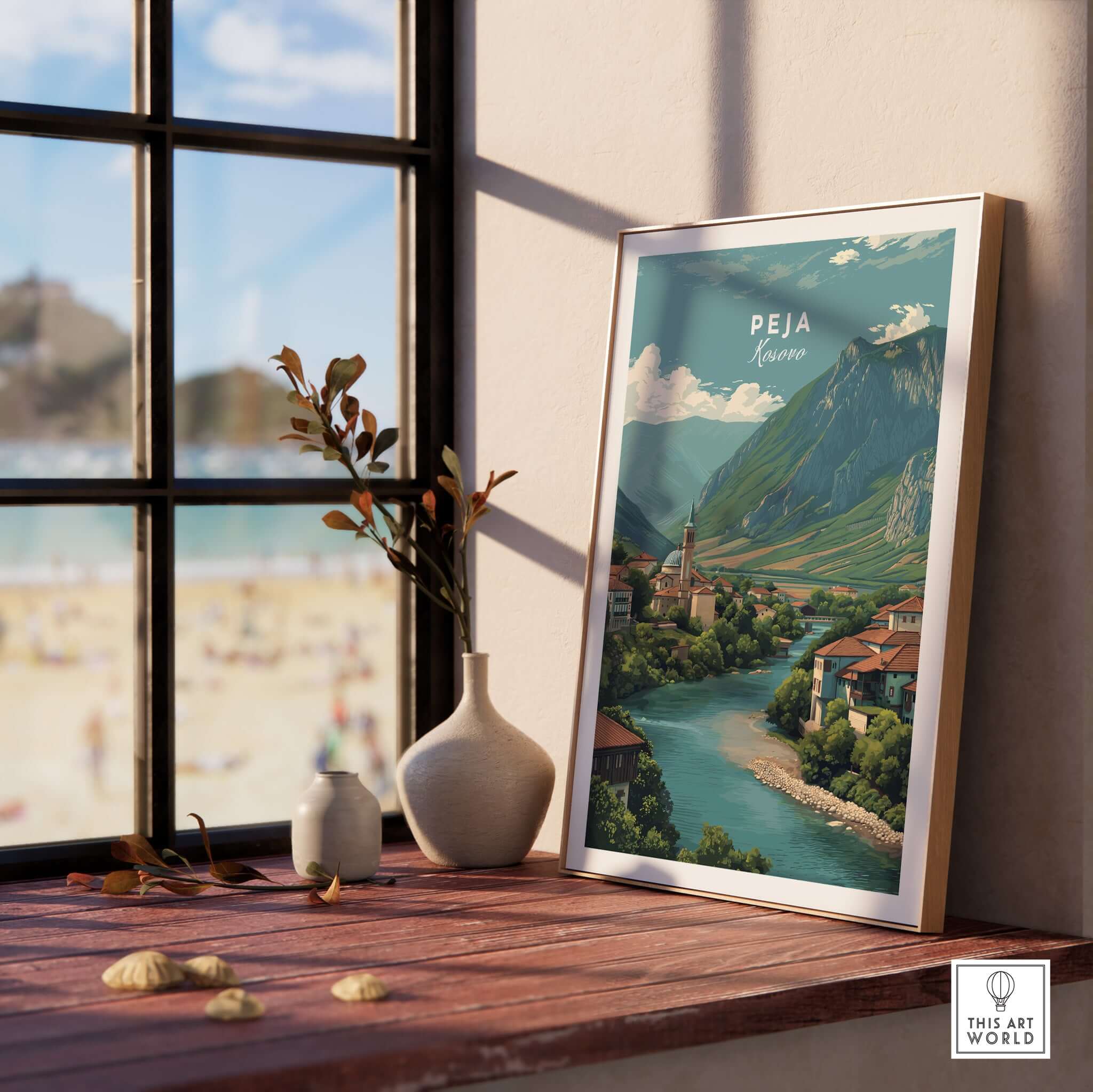 Peja Rugova Gorge Canvas Print | Balkan Landscape Decor displayed in a cozy interior near a window with a scenic view.