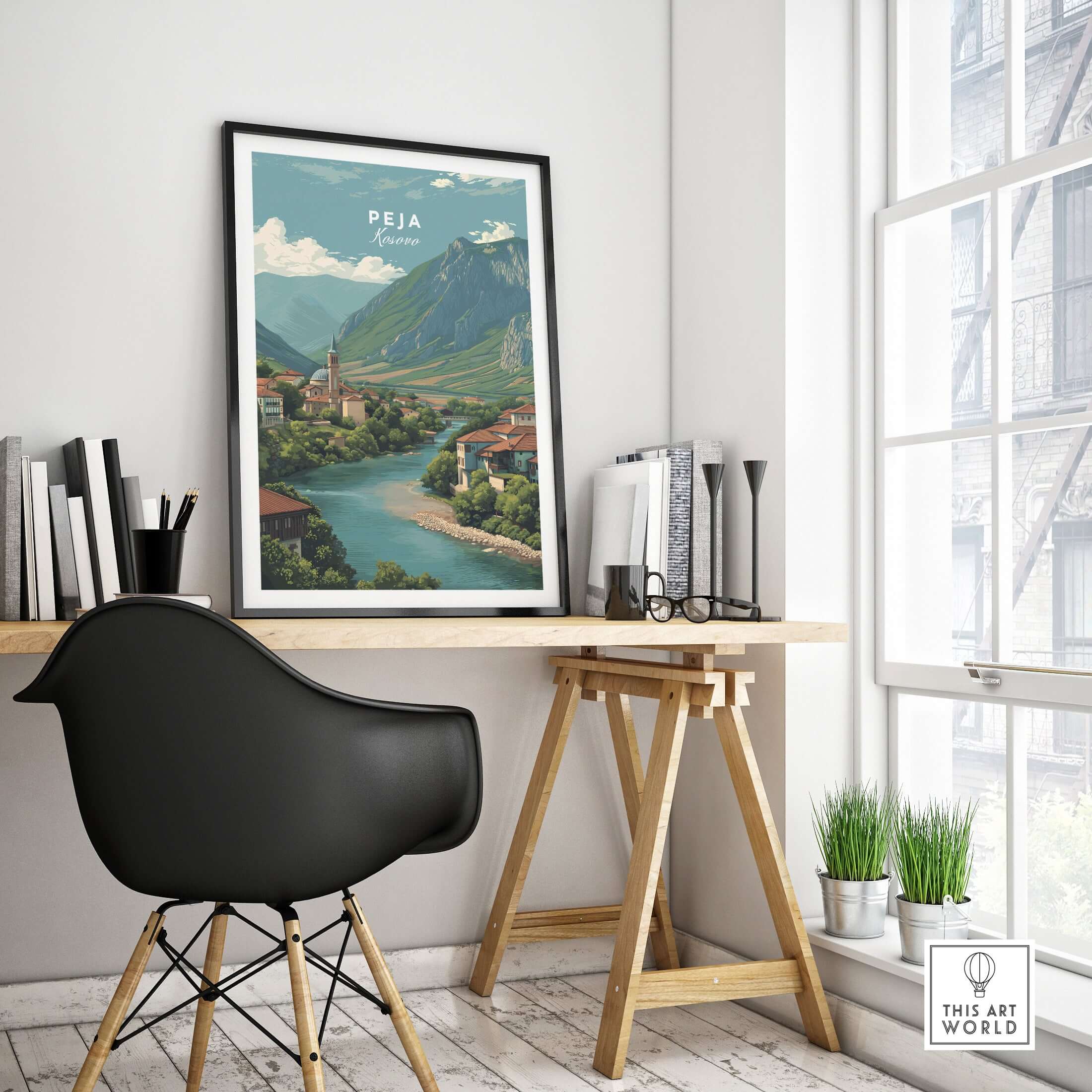 Peja Rugova Gorge Canvas Print | Balkan Landscape Decor displayed in a modern interior setting with a desk and chair.
