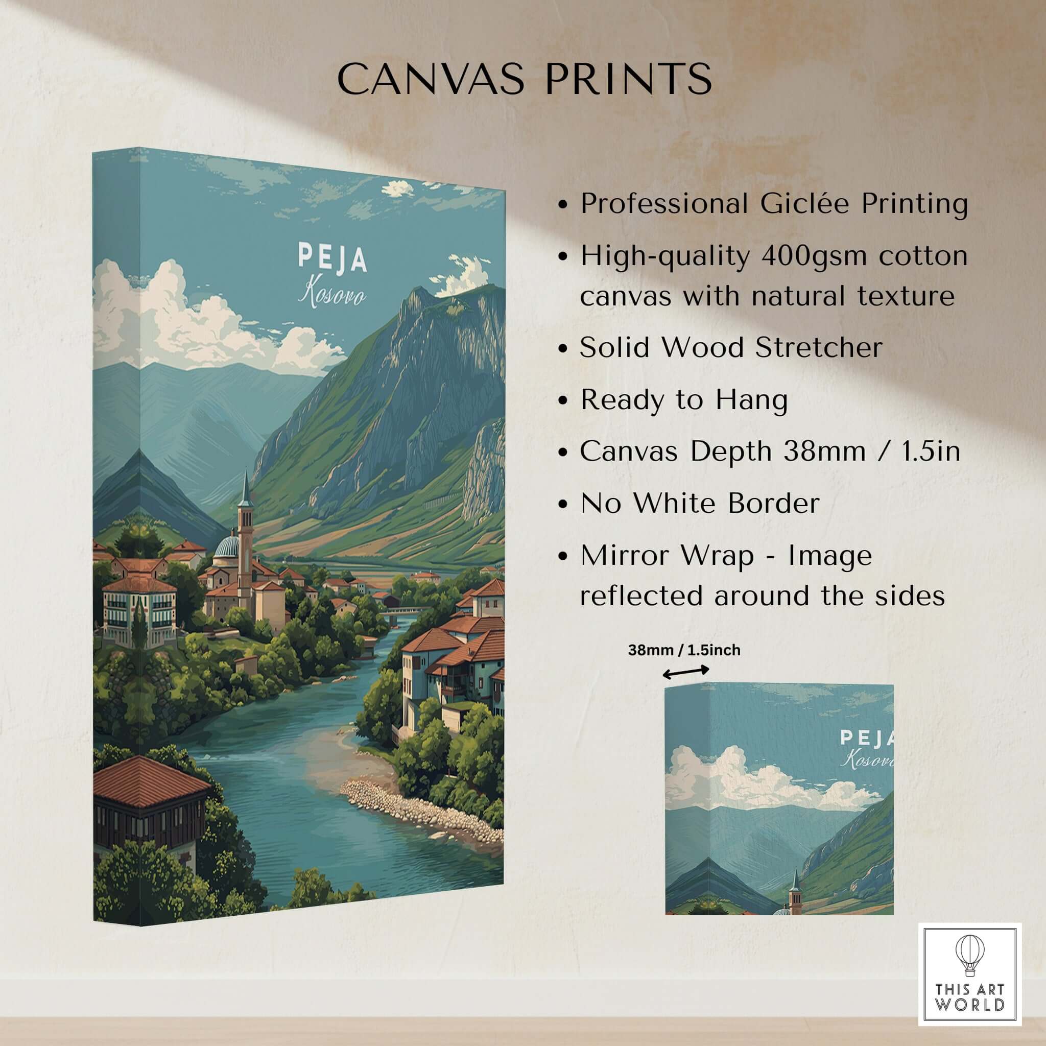 Peja Rugova Gorge Canvas Print | Balkan Landscape Decor product details showcasing high-quality giclée printing and solid wood stretcher.