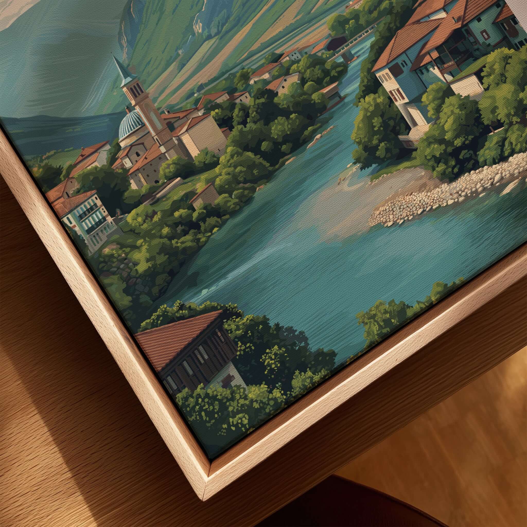 Peja Rugova Gorge Canvas Print | Balkan Landscape Decor showcasing a scenic riverside village and mountains.