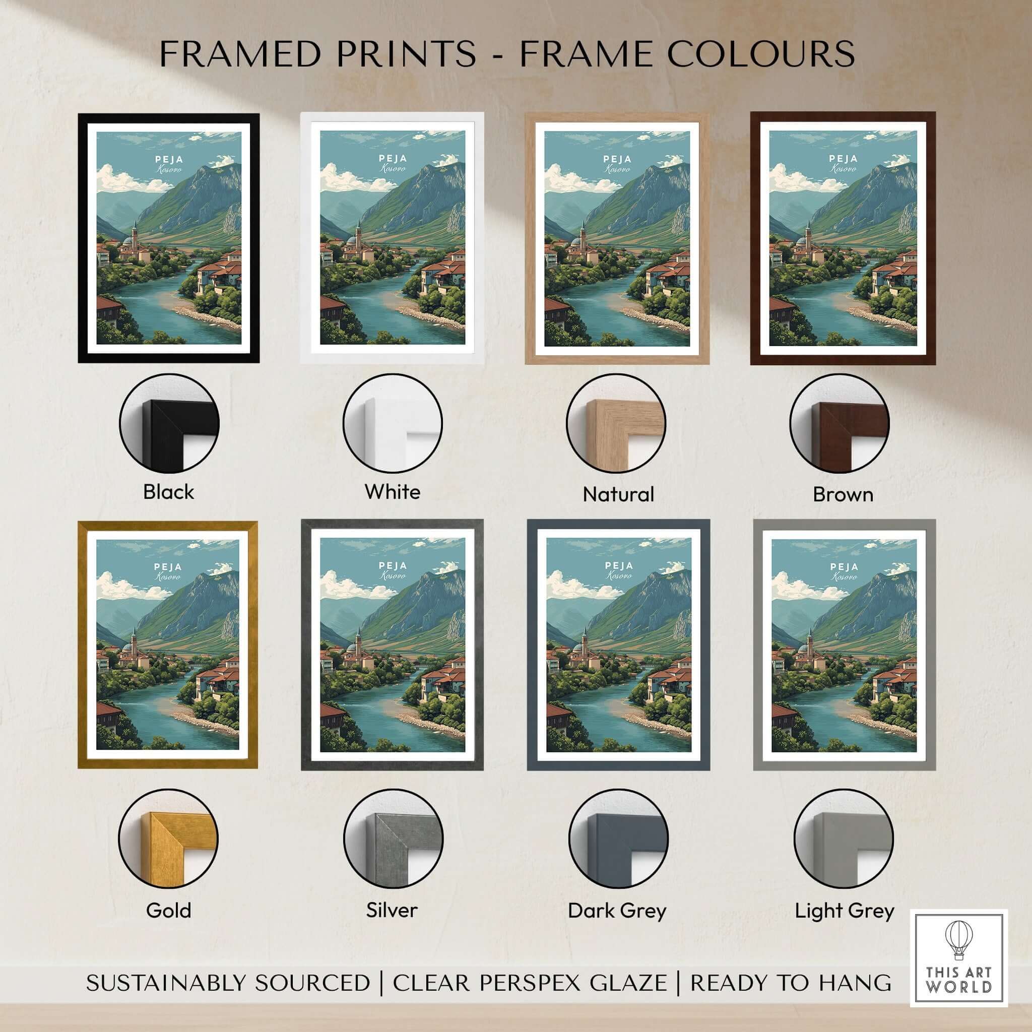 Framed Peja Rugova Gorge Canvas Print in various colors: Black, White, Natural, Brown, Gold, Silver, Dark Grey, Light Grey.