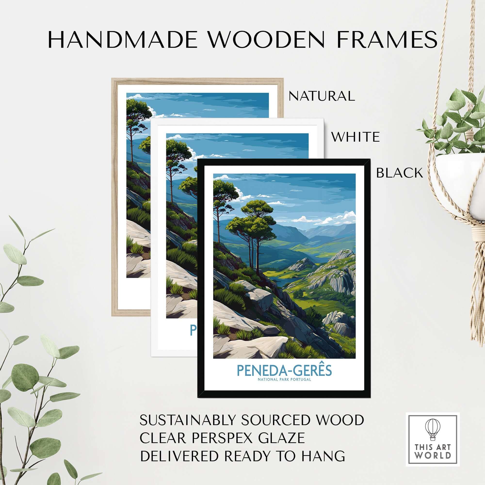 Handmade wooden frames for Peneda-Gerês Portugal Art Print | Rocky Landscape Poster in natural, white, and black finishes.