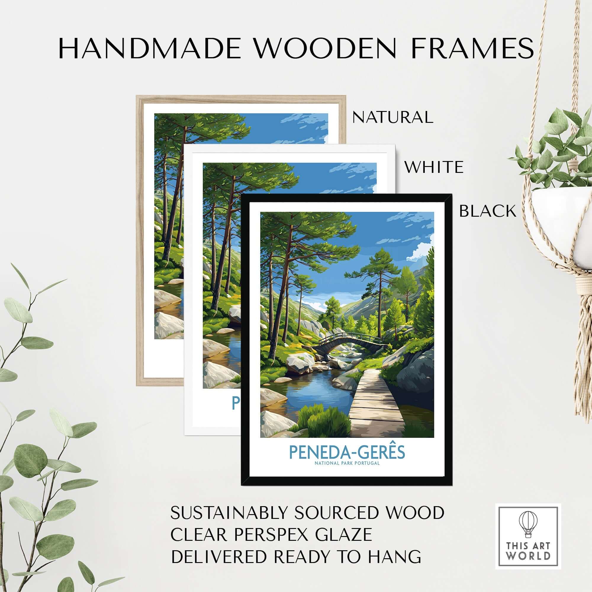 Handmade wooden frames in natural, white, and black for Peneda-Gerês Portugal Art Print | National Park Nature Poster.