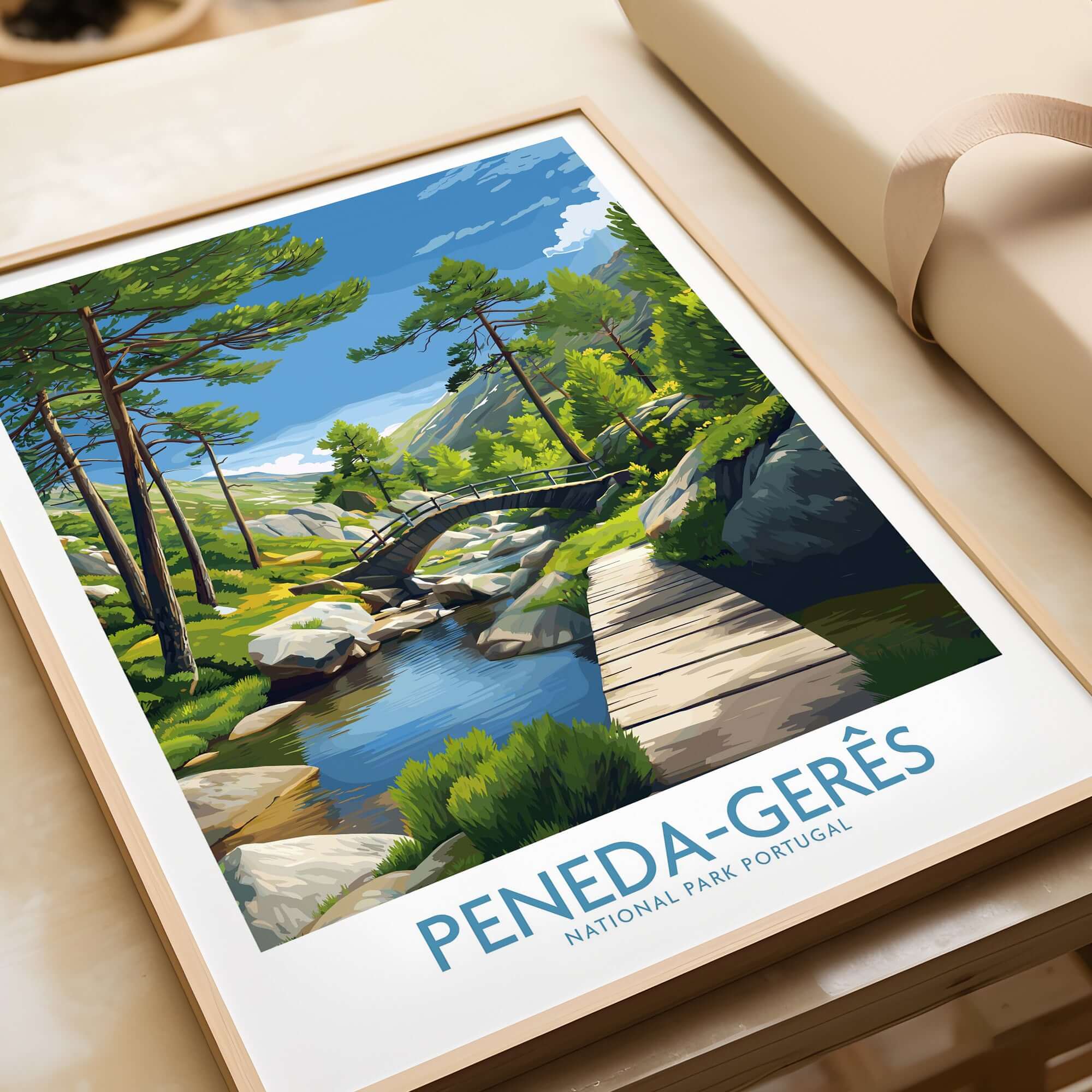 Peneda-Gerês Portugal Art Print | National Park Nature Poster featuring a vibrant landscape scene with a bridge and river.