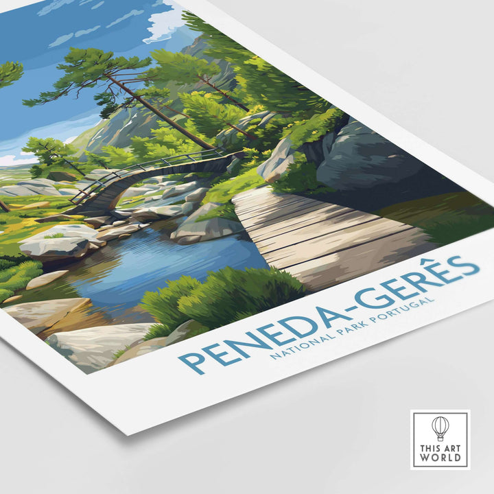 Peneda-Gerês Portugal Art Print | National Park Nature Poster showcasing a serene landscape with a bridge and vibrant greenery.