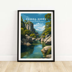 Peneda-Gerês Portugal Print | Mountain Park Wall Decor featuring a serene landscape of lush greenery and a tranquil river.