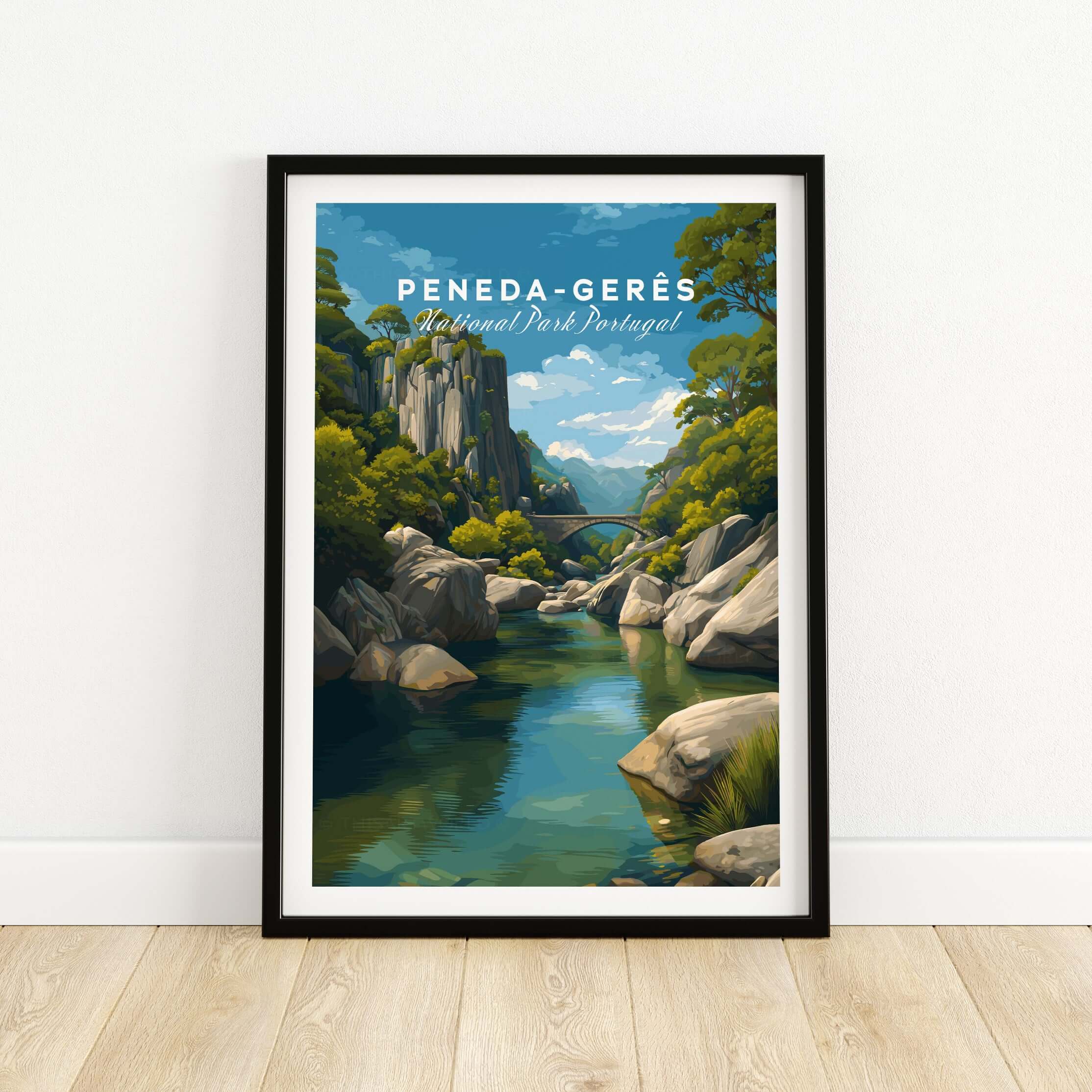 Peneda-Gerês Portugal Print | Mountain Park Wall Decor featuring a serene landscape of lush greenery and a tranquil river.