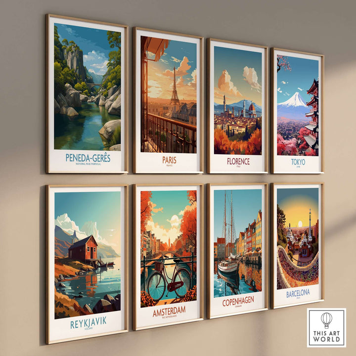 Peneda-Gerês Portugal Art Print | River Valley Landscape Poster collection framed on a wall featuring various cityscapes.