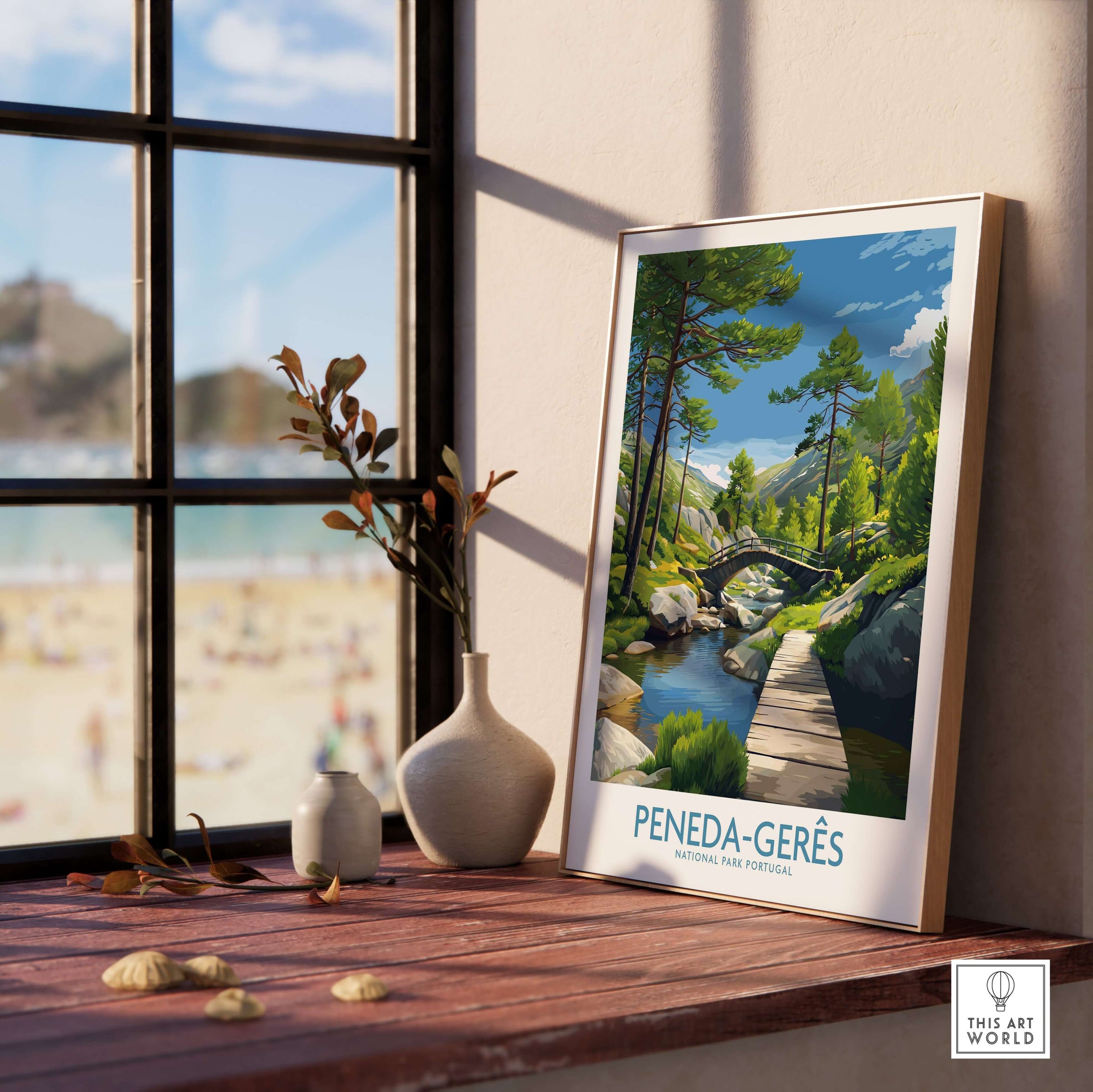 Peneda-Gerês Portugal Art Print | National Park Nature Poster displayed on a wooden table by a window with beach view.