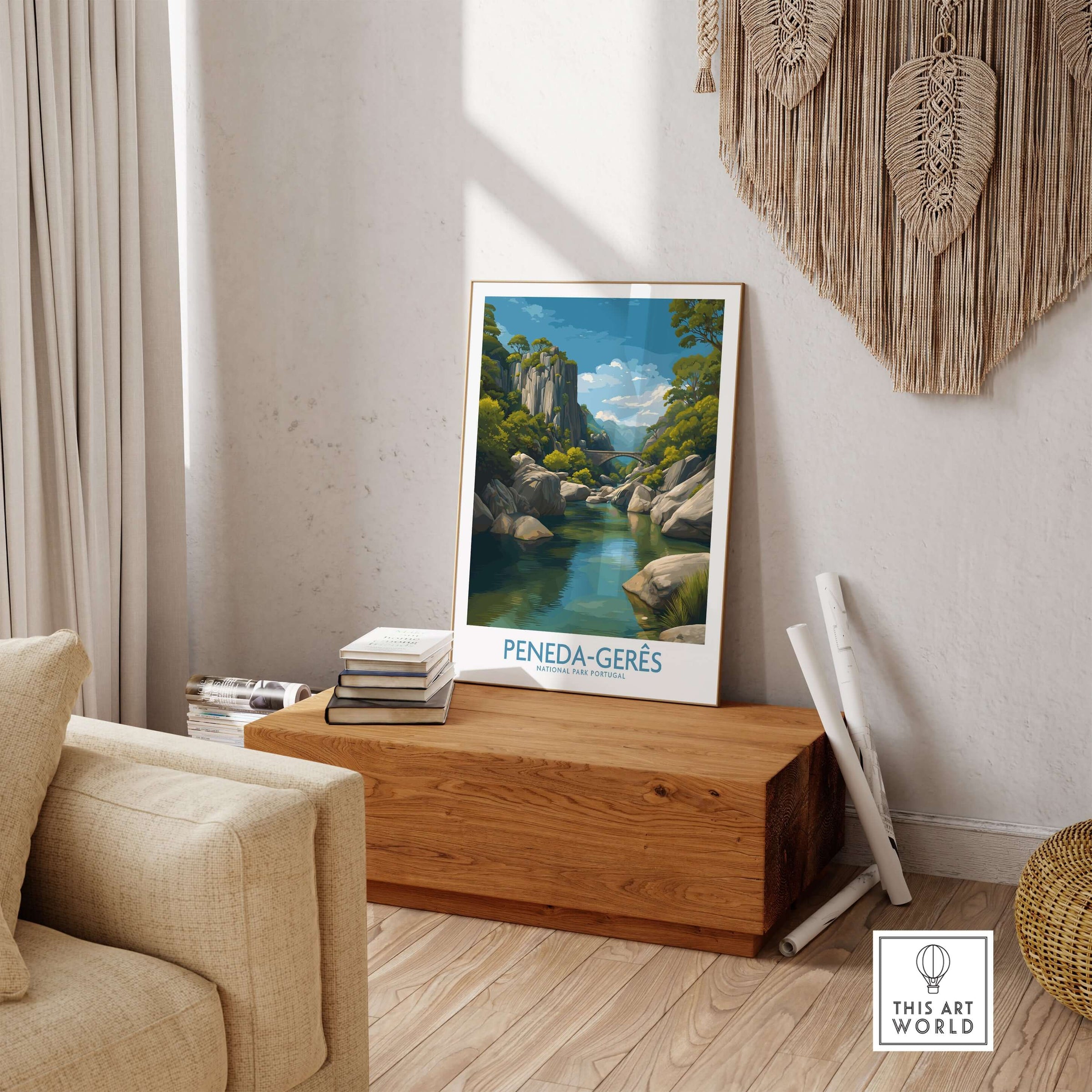 Peneda-Gerês Portugal Art Print | River Valley Landscape Poster displayed in a cozy living room setting.