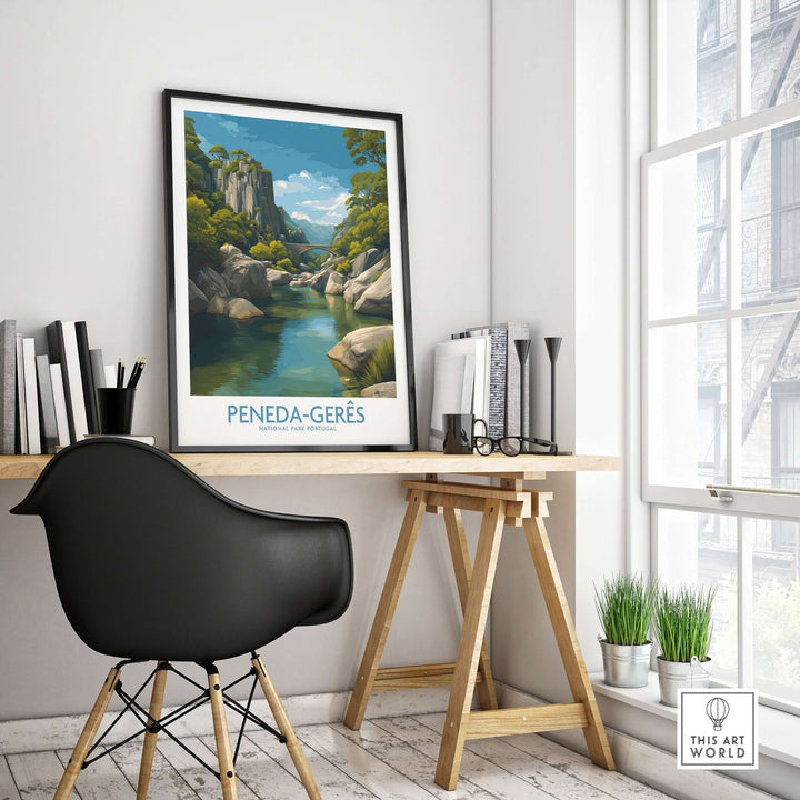 Peneda-Gerês Portugal Art Print | River Valley Landscape Poster displayed in a modern workspace with greenery.