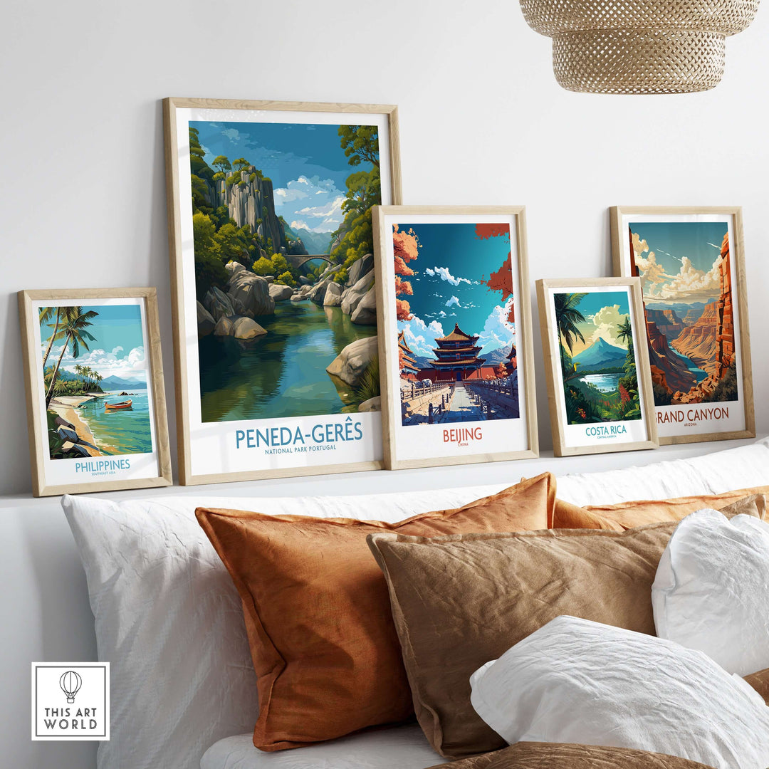 Peneda-Gerês Portugal Art Print | River Valley Landscape Poster displayed among travel art prints on a cozy sofa.