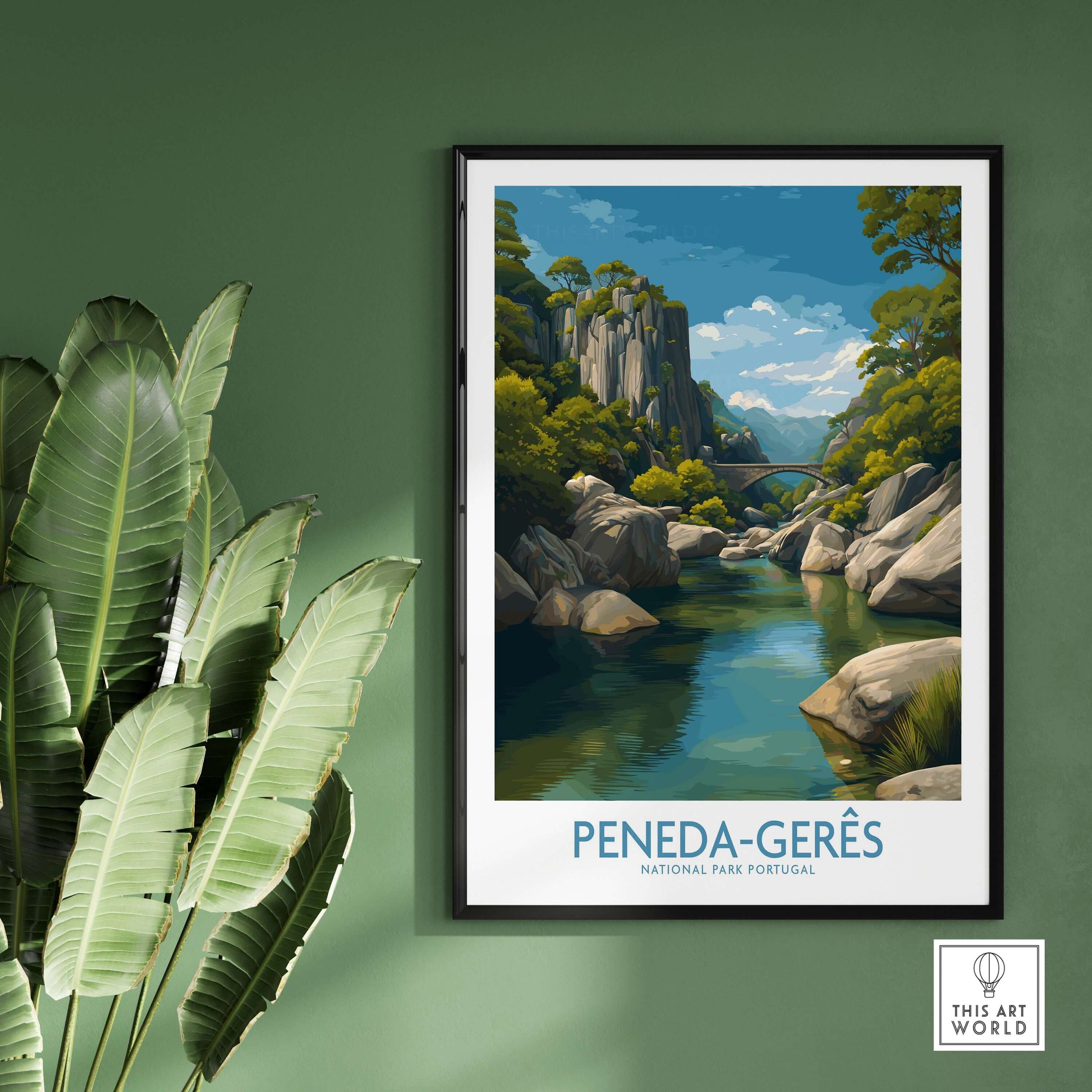 Peneda-Gerês Portugal Art Print | River Valley Landscape Poster displayed in a stylish interior setting with greenery.