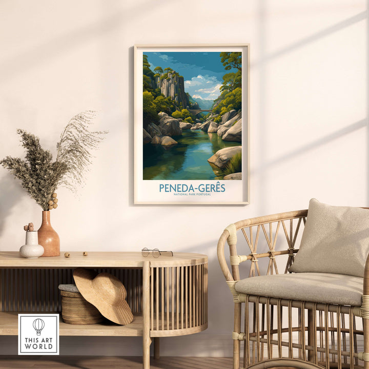 Peneda-Gerês Portugal Art Print | River Valley Landscape Poster featuring a serene river and green hills in a framed display.