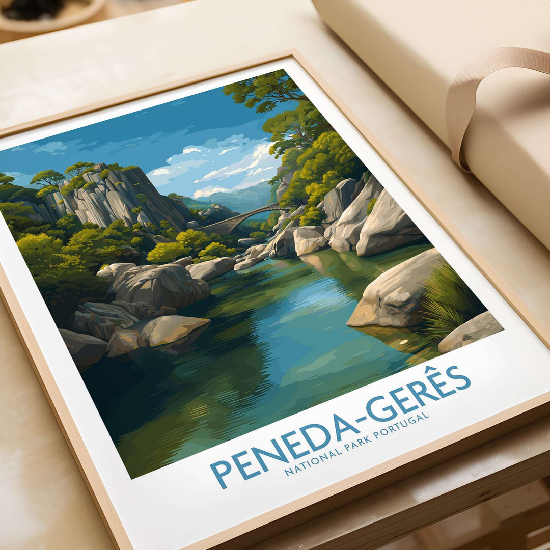 Peneda-Gerês Portugal Art Print | River Valley Landscape Poster featuring a serene river and lush greenery.
